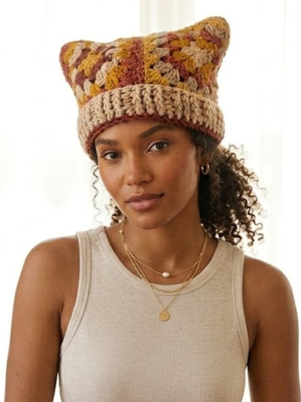 Handmade Crochet Granny Square Hat in Rose, Mustard & Cream